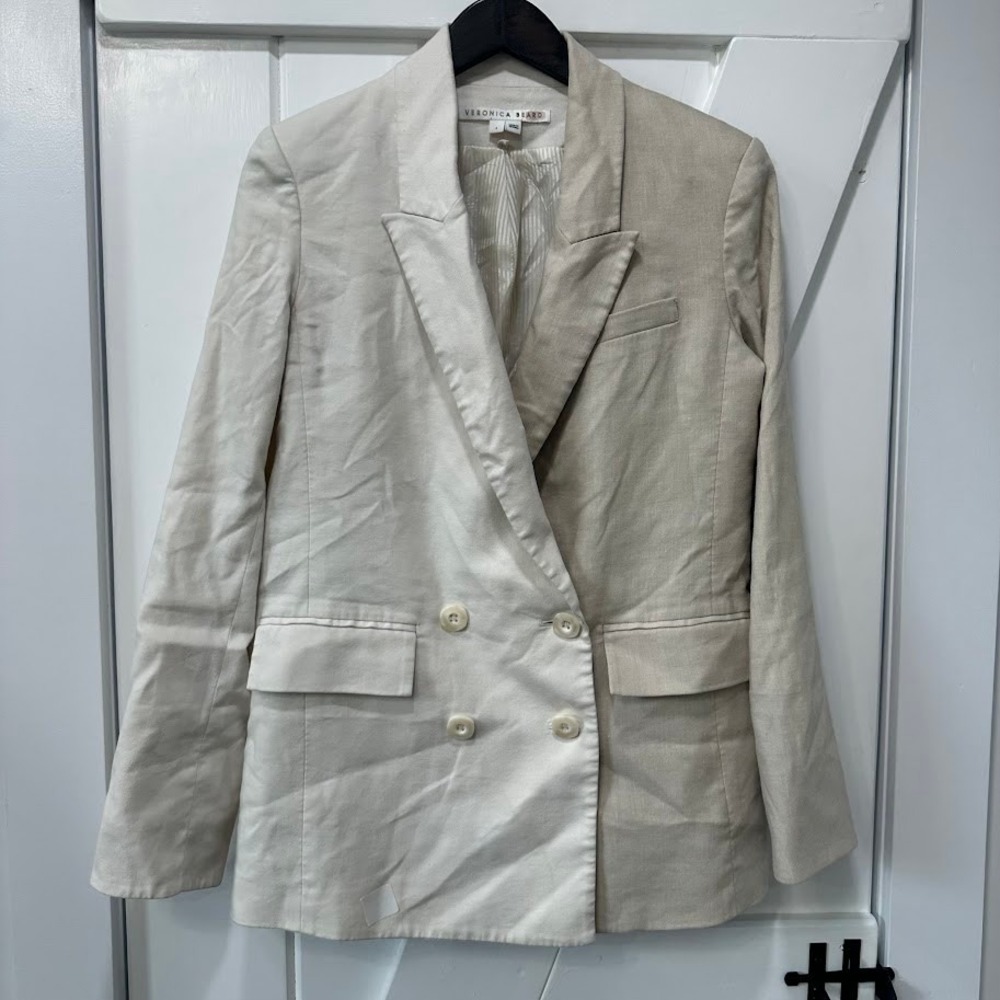 Veronica Beard Womens Blazer Size 4 Linen Blend Two Tone Double Breasted Beige